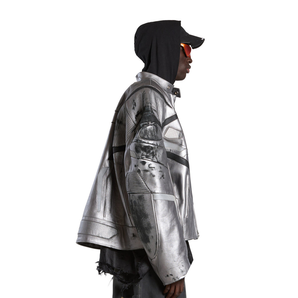 Balenciaga Men's Women's Autumn And Winter Cowhide Old Splicing Unity Sports Idol Silver Zipper Standing Collar Long Sleeve Loose Racer Jacket Ngvp #8579