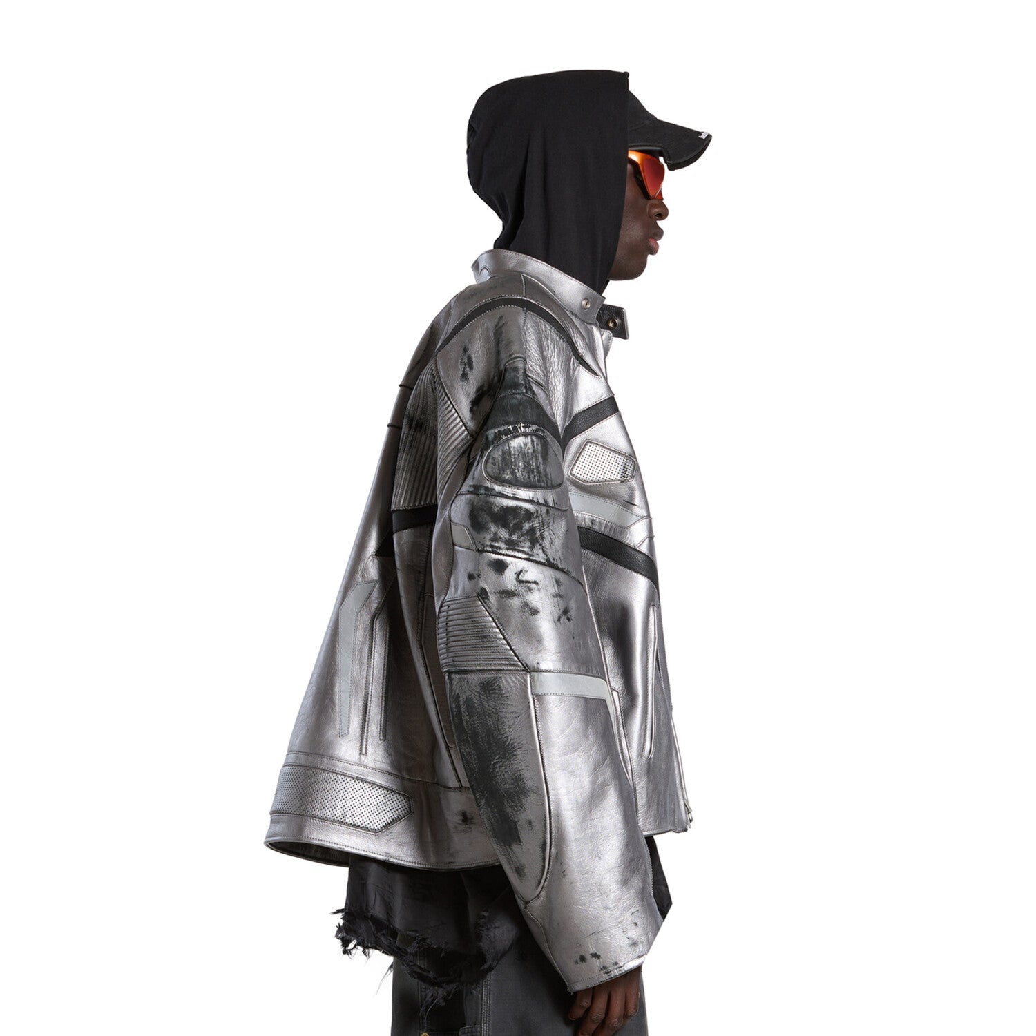 Balenciaga Men's Women's Autumn And Winter Cowhide Old Splicing Unity Sports Idol Silver Zipper Standing Collar Long Sleeve Loose Racer Jacket Ngvp #8579