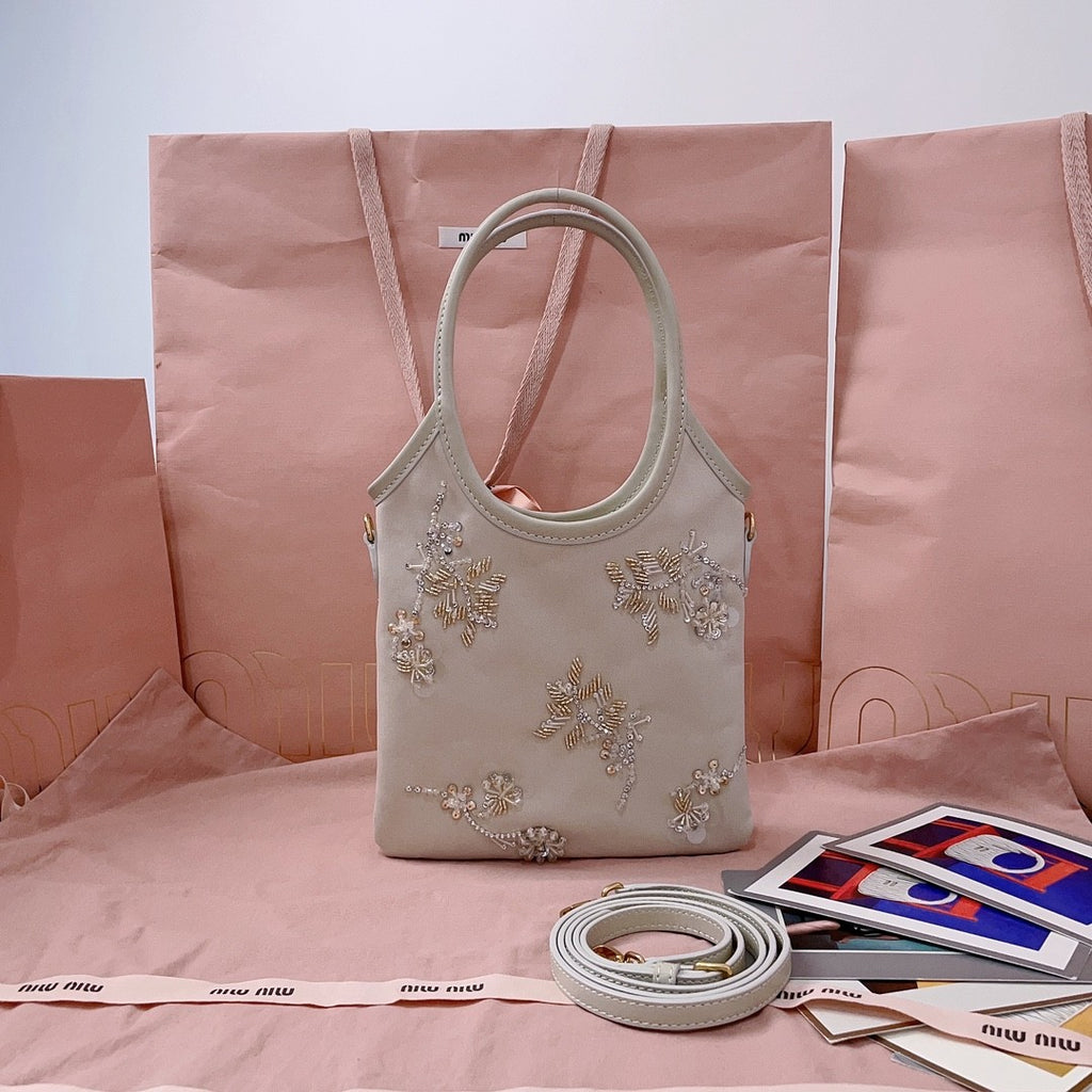 MiuMiu IVY Women's Solid Colour Floral Embroidery Steel Hardware Accessories Cotton Shoulder Crossbody Handbag Bag Bags #76742