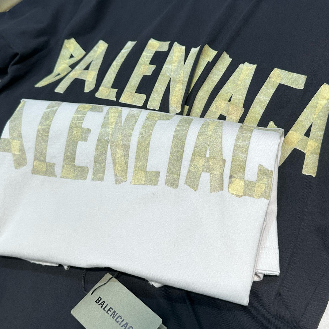 Balenciaga Men's and Women's Tape Type T-Shirt Medium Fit In Faded Letter Print Round Neck Loose Fit Short Sleeve T-Shirt #98566
