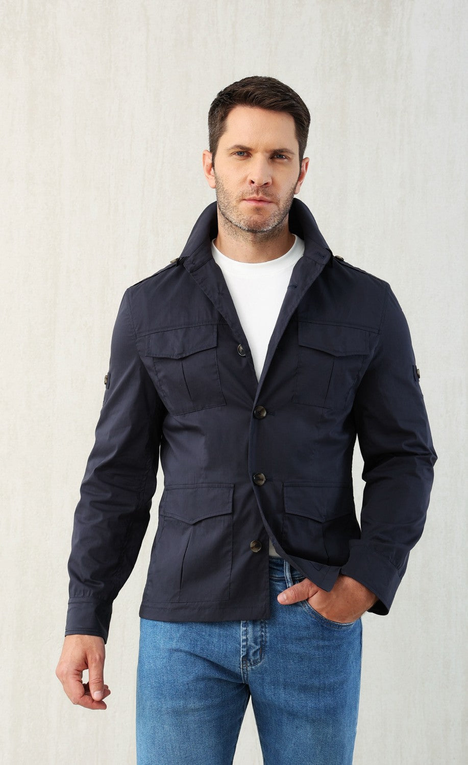 Brunello Cucinelli Men's Spring & Fall Lightweight Water-Resistant Techno Cotton Unlined Safari Jacket Solid Color Lapel Single Breasted Shirt Style Jacket Ngvp #1946