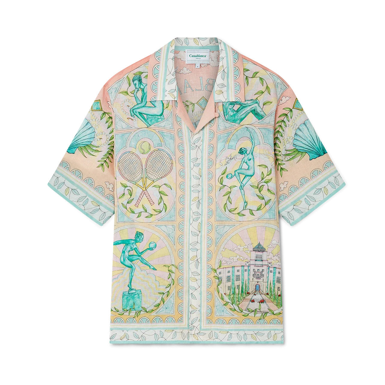 Casablanca Men's Women's Spring And Autumn Vase Print Lapel Single-Breasted Short-Sleeved Linen Shirt Casual Elastic Waist Loose Shorts Ngvp #9386