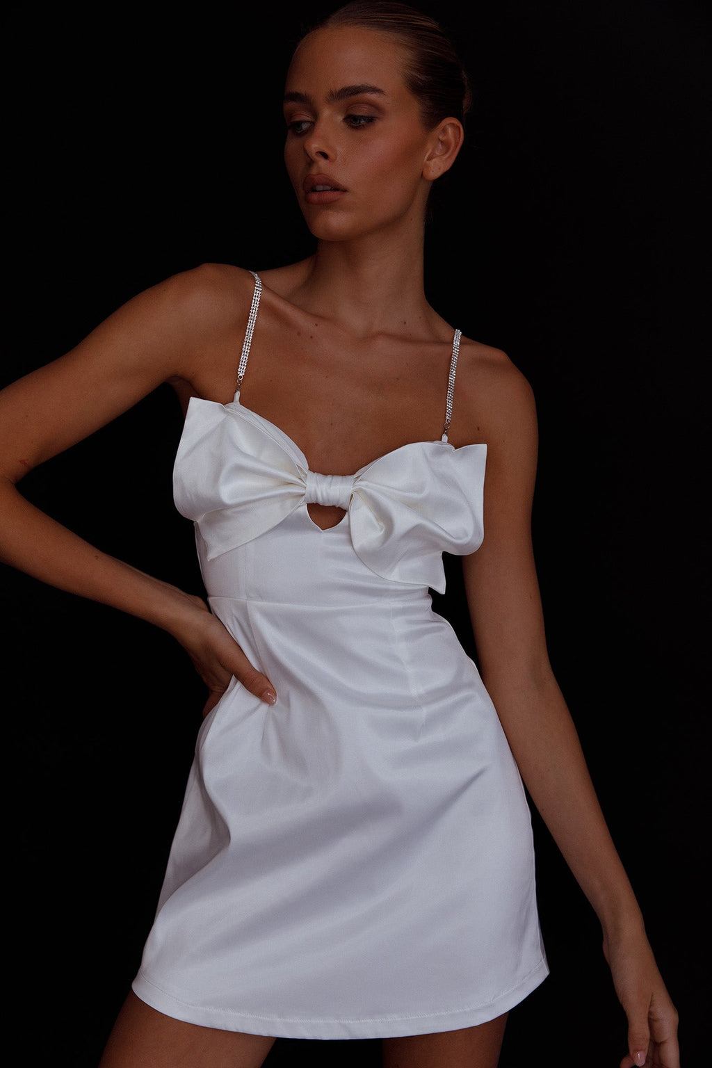 Lilly Bow Diamante Mini Dress White