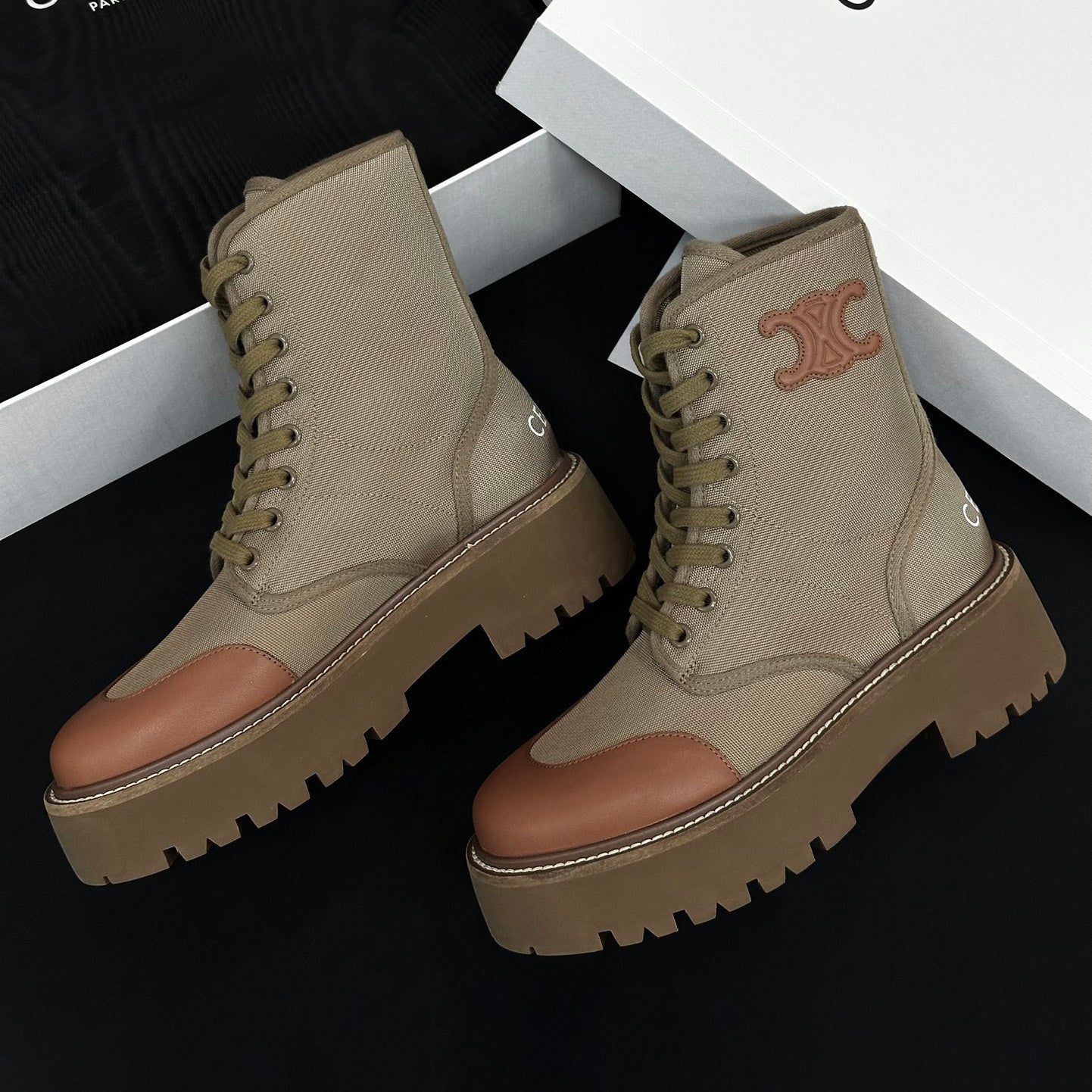 Celine Women's Spring/Fall Fashion Classic Nylon Glossy Leather Lace Up Thick Sole Martin Boots Short Boots Shoes #78277