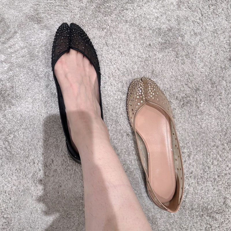 Christian Louboutin X Maison Margiela Women's Spring And Summer New Mesh Temperament Rhinestone Split Toe Flat Shoes Versatile Ballet Shallow Mouth Single Shoes Ngvp #1494
