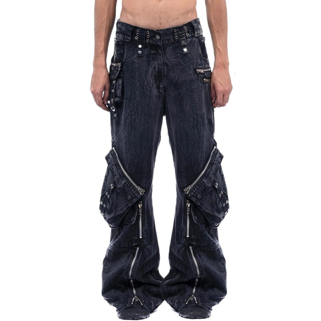 No Faith Studios Men's Solid Color Zipper Logo Embroidered Washed Jeans Loose Fit Work Pants Ngvp #7771