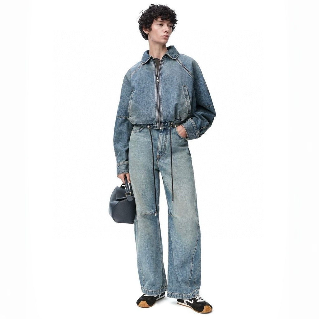 Loewe Women's Spring/Fall High-Street Lapel Zipper Drawstring Solid-Color Denim Jacket #81716