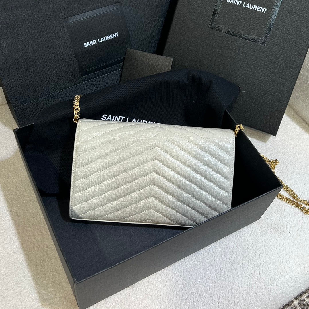Saint Laurent Women's Classic Fashion Classic Cassandre Chain Wallet In Grain De Poudre Leather Logo Gold Chain Leather Shoulder Bag Crossbody Bag Bags Accessories 377828BOW021000 #78166