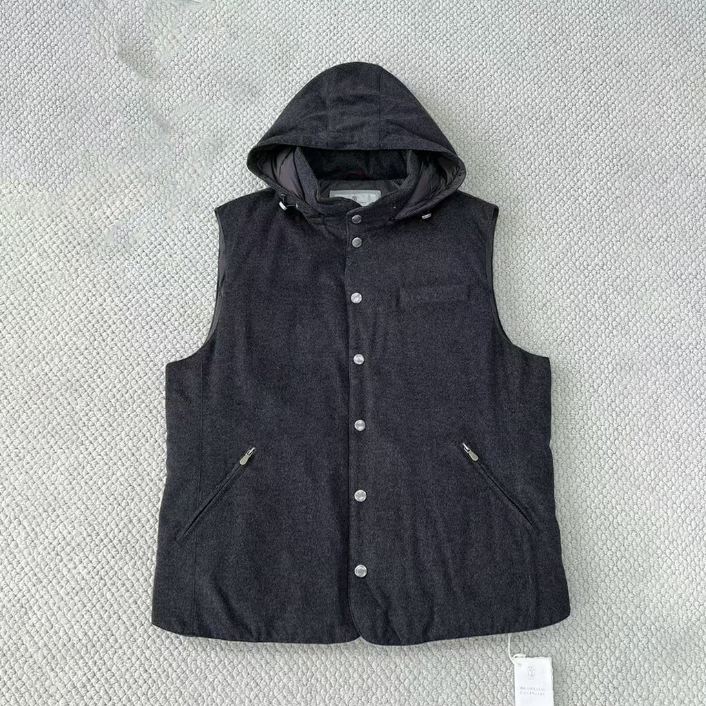 Brunello Cucinelli Men's Spring/Autumn Detachable Hooded Solid Color Single-Breasted Bonded Wool Flannel Down Vest Ngvp #2293