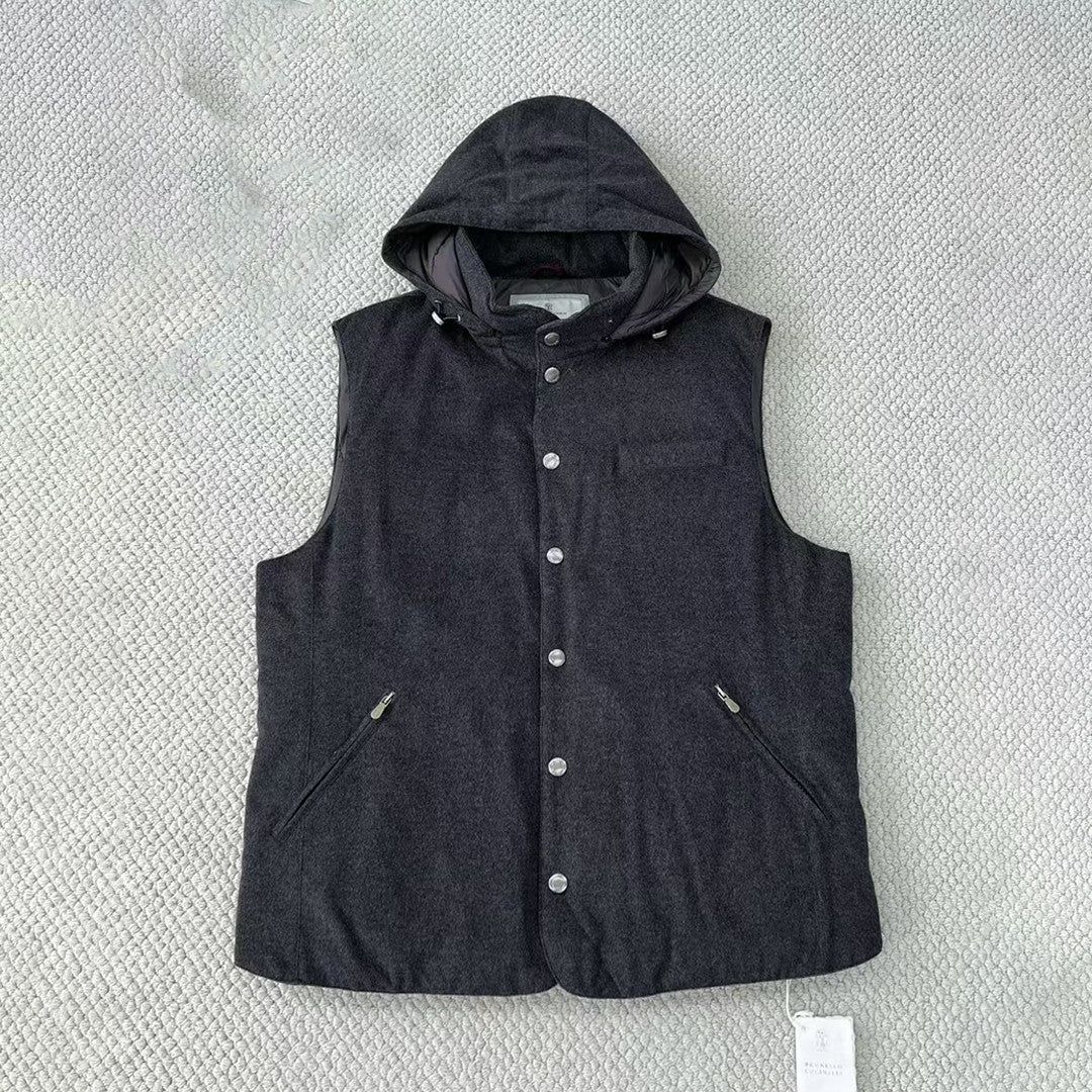 Brunello Cucinelli Men's Spring/Autumn Detachable Hooded Solid Color Single-Breasted Bonded Wool Flannel Down Vest Ngvp #2293