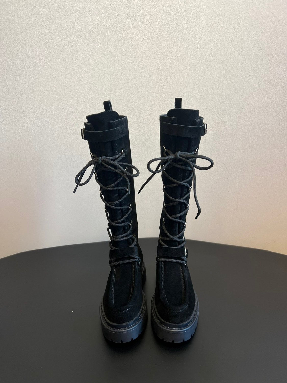 Hermes Women's Fall/Winter Cowhide Suede Lace-Up Knee-High Boots Solid-Color Buckle Casual Shoes Riding Boots Ngvp #2327