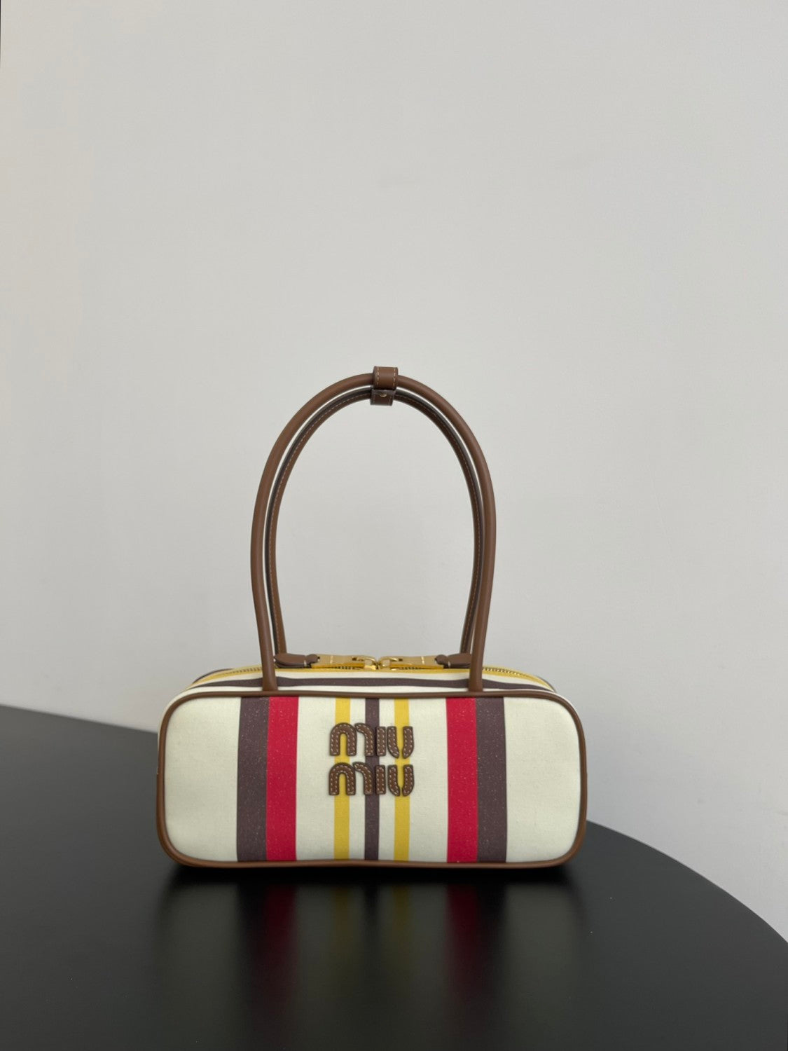 MiuMiu Beau Women's Embroidered Logo Print Striped Canvas And Calfskin Handbag Shoulder Bag Bags #77932