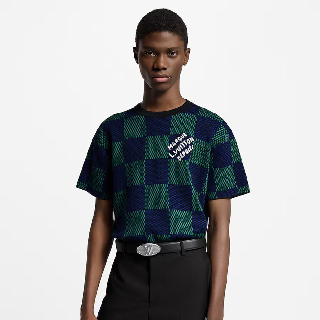 Louis Vuitton ﻿Men's Summer Check Letter Jacquard Damier Cotton Crewneck Round Neck Solid Color Short Sleeve T-Shirt #71878
