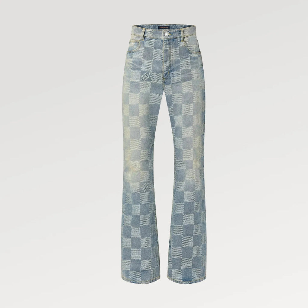 Louis Vuitton Men's Spring And Fall Fashion Plaid Denim Suit Gradient Wash Vintage Round Neck Jacket Casual Flared Pants Set #99297