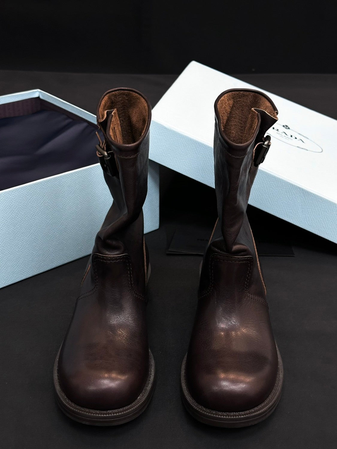 Prada Women's Fall/Winter Fashion Classic Round Toe Slip On Leather Vintage Western Cowboy Boots Dr. Martens Boots Shoes #78531