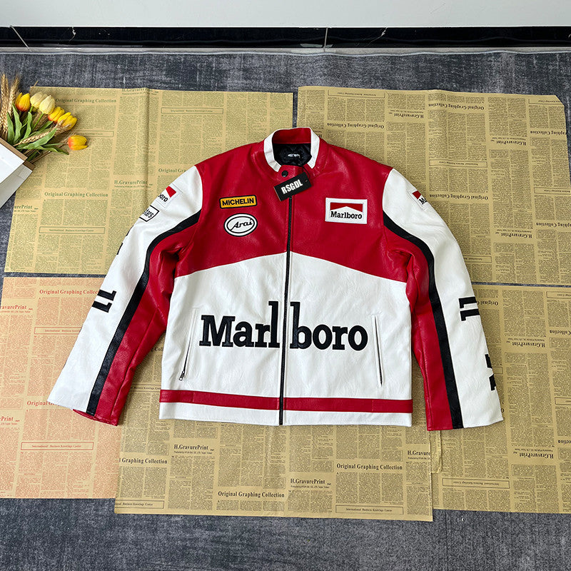 Supreme Yohji Yamamoto Marlboro Men's Women's Vintage Racing Suit Colour Blocking Fashion Leather Jacket Lapel High Street Trend Jacket Autumn and Winter #81156