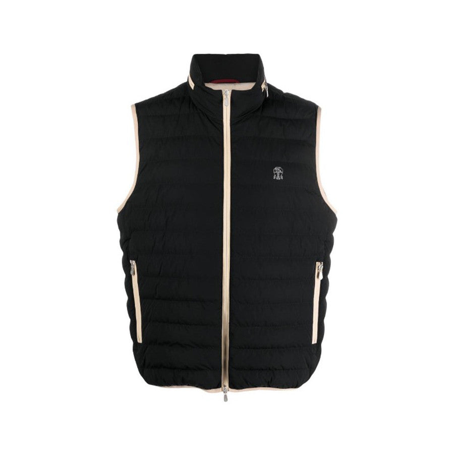 Brunello Cucinelli Men's Logo Embroidered High Neck Zipper Solid Color Fitted Straight Sleeveless Down Vest Ngvp #9665