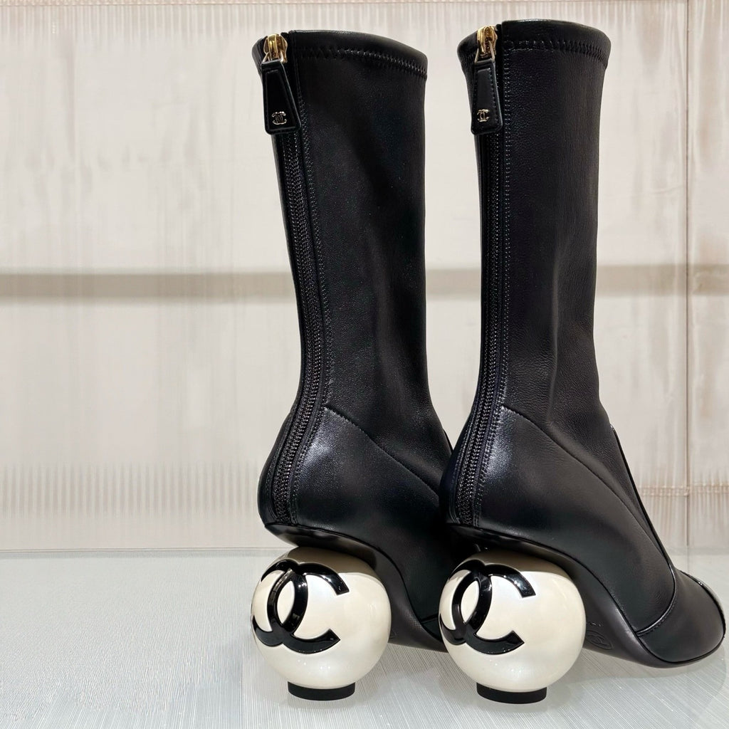 Chanel Women's Fall/Winter Fashion Classic Color Block Leather Round Toe Slip On Zipper Pearl Heel High Boots Pearl Boots Shoes #330870