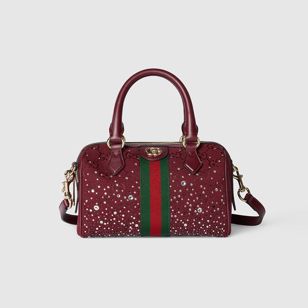 GUCCI Ophidia crystals small boston bag in Rosso Ancora red GG canvas #335872