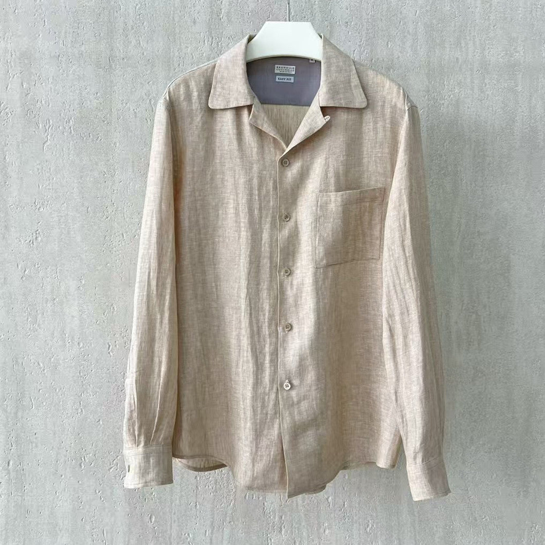 Brunello Cucinelli Men's Linen Easy Fit Shirt with Camp Collar and Chest Pocket Spring And Autumn Solid Color Long Sleeve Top Ngvp #1455
