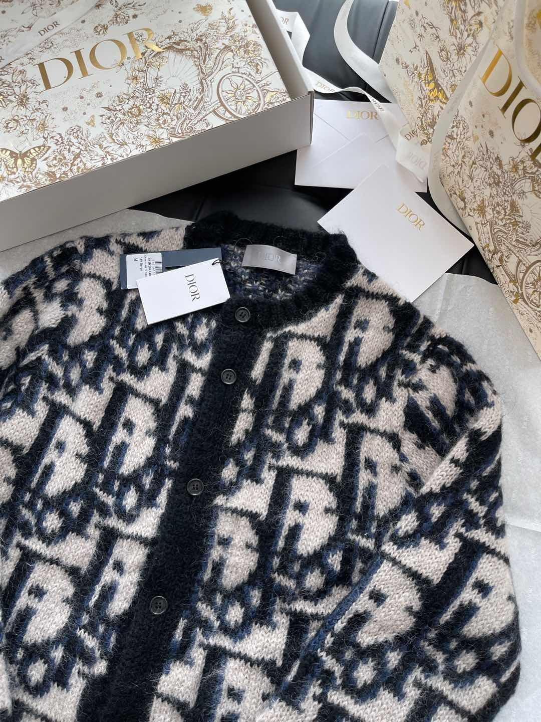 Dior Men's Spring And Fall Letters Full Print Round Neck Mohair Single Breasted Long Sleeve Knit Jacket #75119