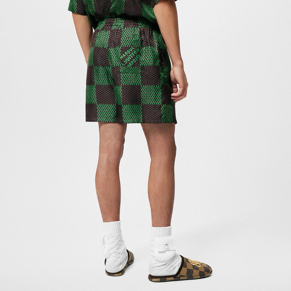Louis Vuitton Men's Summer Green Checkerboard Logo Pattern Single Breasted Loose Short Sleeved Shirt High Waisted Elastic Leisure Shorts Pants Sei Suit #98616