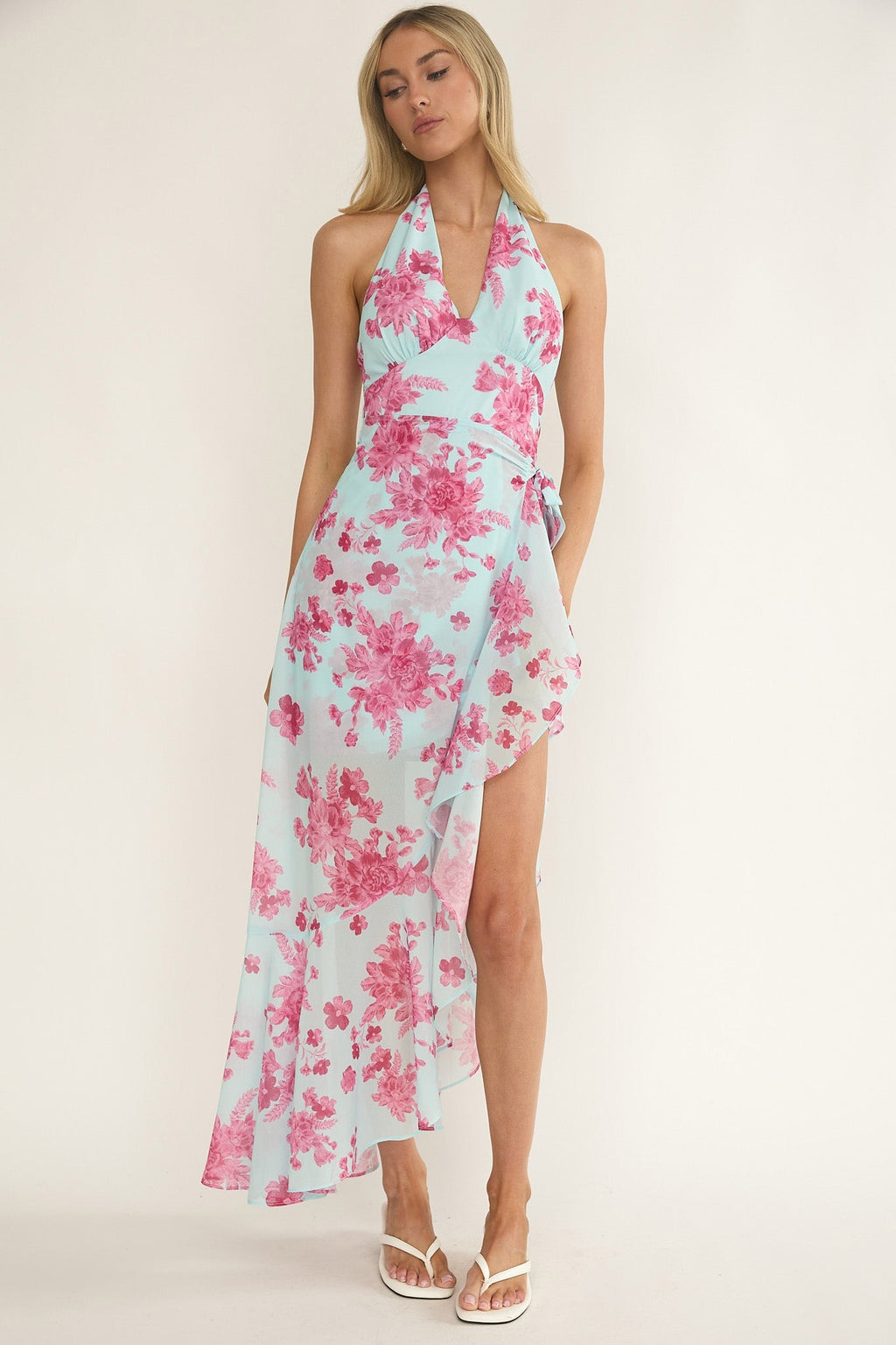 Nerida Waist Tie Asymmetric Dress Floral Ice Blue