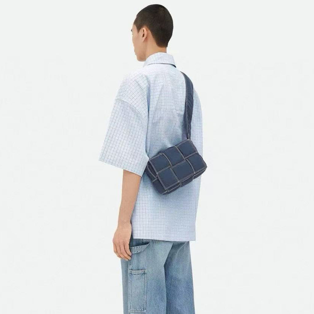 Bottega Veneta Cassette Silver Finish Magnetic Closure Intreccio Nylon Shoulder Crossbody Bag Men's Casual Fashion Trend Temperament Bags 795675V4GT13493 Ngvp  #1984
