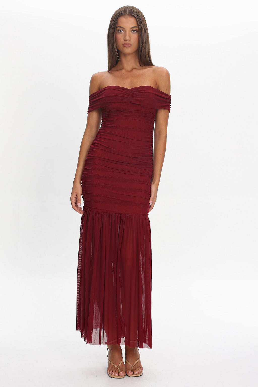 La Salle Off Shoulder Mesh Maxi Dress Wine