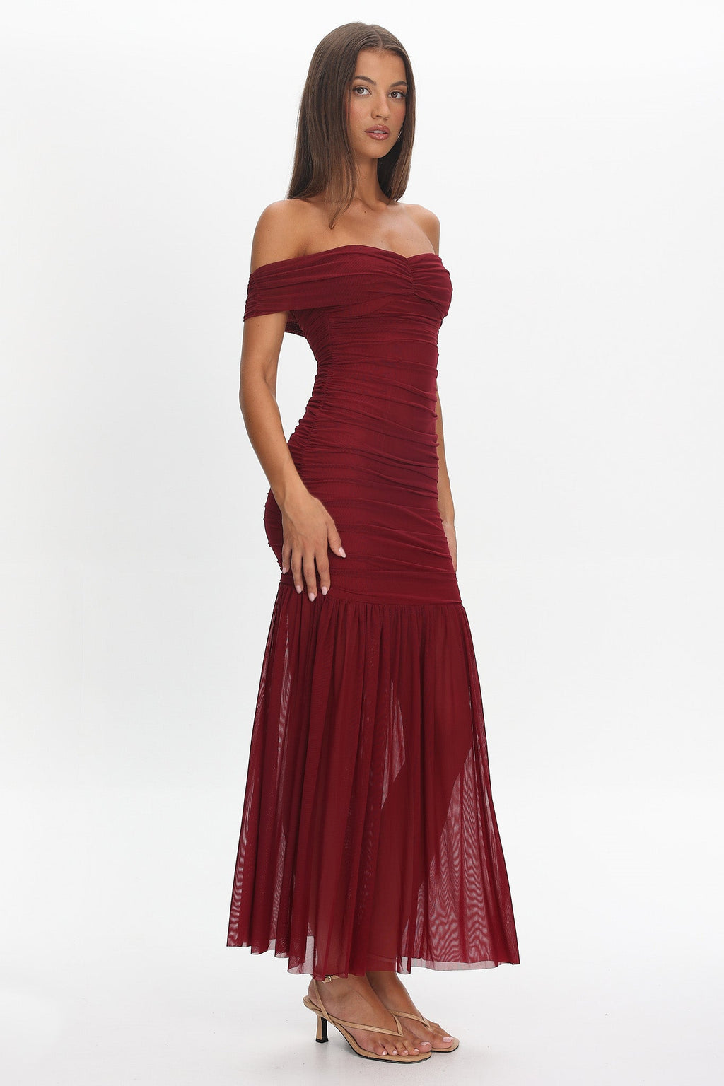 La Salle Off Shoulder Mesh Maxi Dress Wine