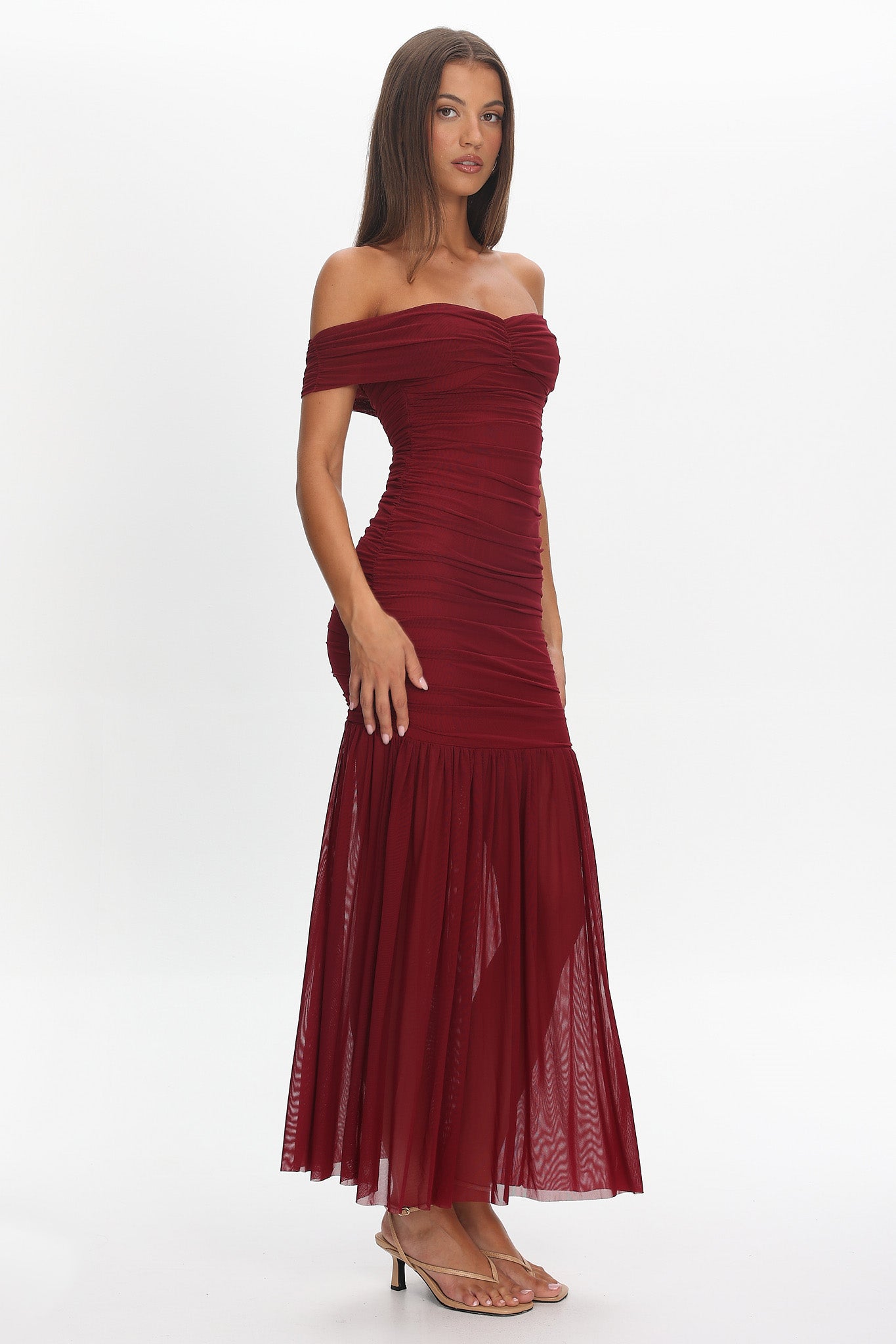 La Salle Off Shoulder Mesh Maxi Dress Wine