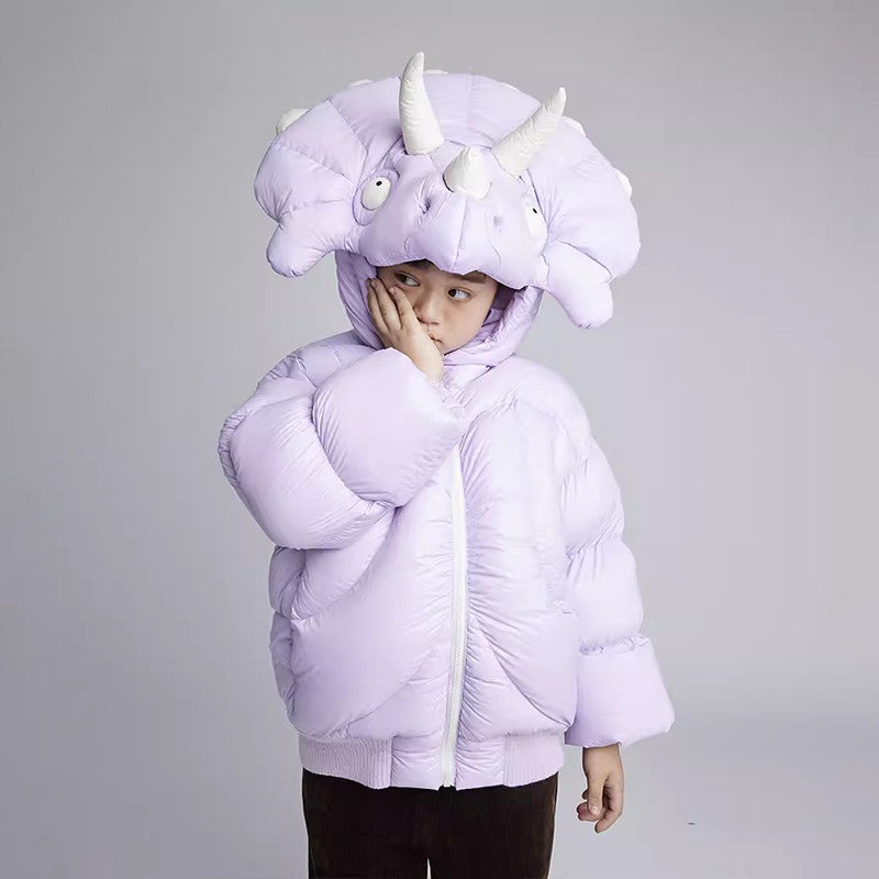 Kid's Autumn And Winter Solid Color Triceratops Jacket Thickened Short Zipper Loose Hooded Puffer Down Jacket #31322
