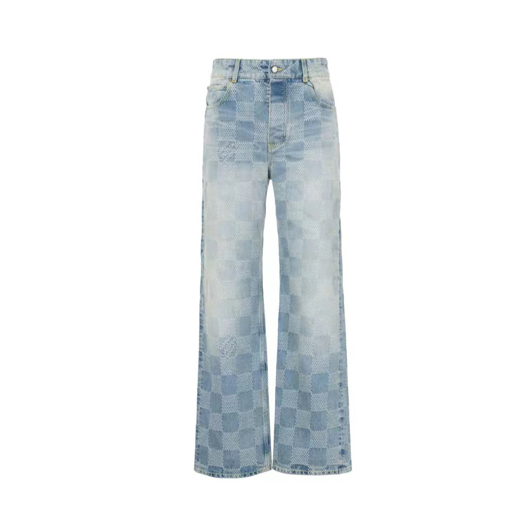 Louis Vuitton Men's Spring And Fall Jacquard Single-Breasted Lapel Long-Sleeved Faux Crystal Damier Denim Jacket Plaid Printed Straight Denim Pants Ngvp #9383