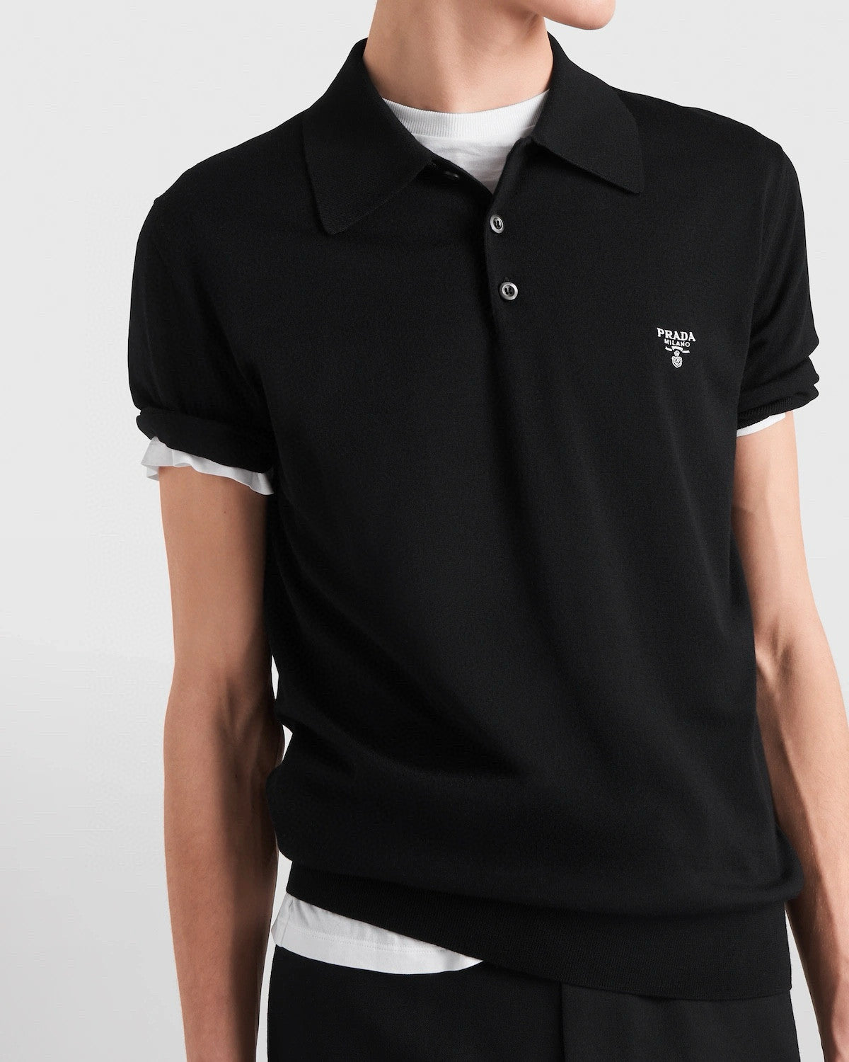 Prada Men's Summer Solid Color Embroidered Logo Wool Knit Polo Shirt Short Sleeve T-Shirt #98532