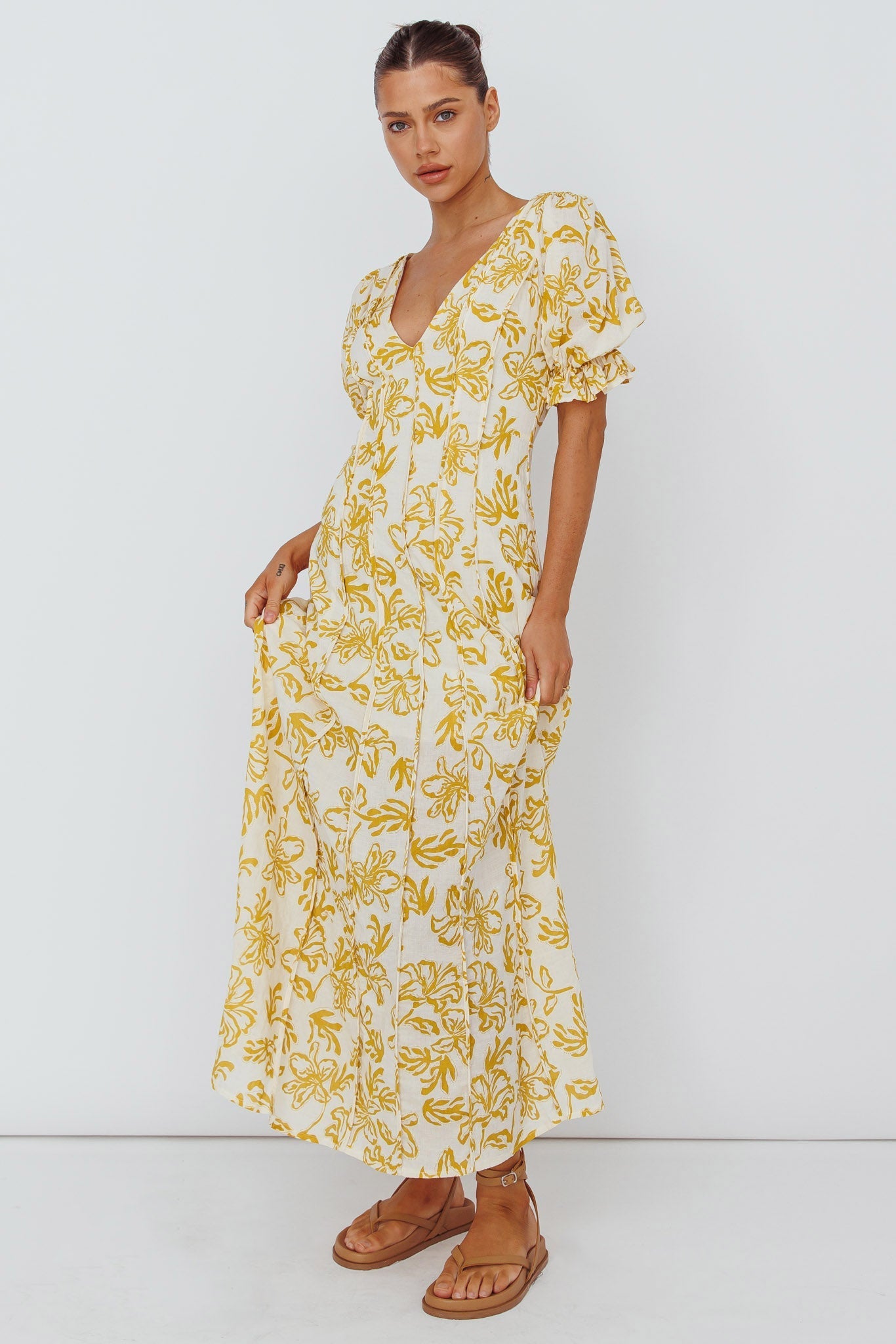 Sitting Pretty Pintuck Pleat Puff Sleeve Dress Yellow