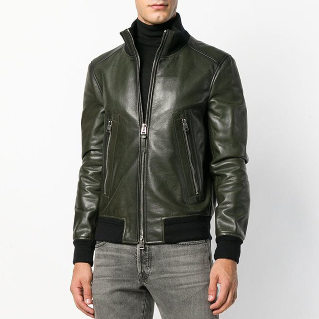 Tom Ford Men's Fall And Winter Green Standing Collar Cowhide Jacket Fashion Temperament Retro Zipper Casual Jacket Coat Ngvp #8949
