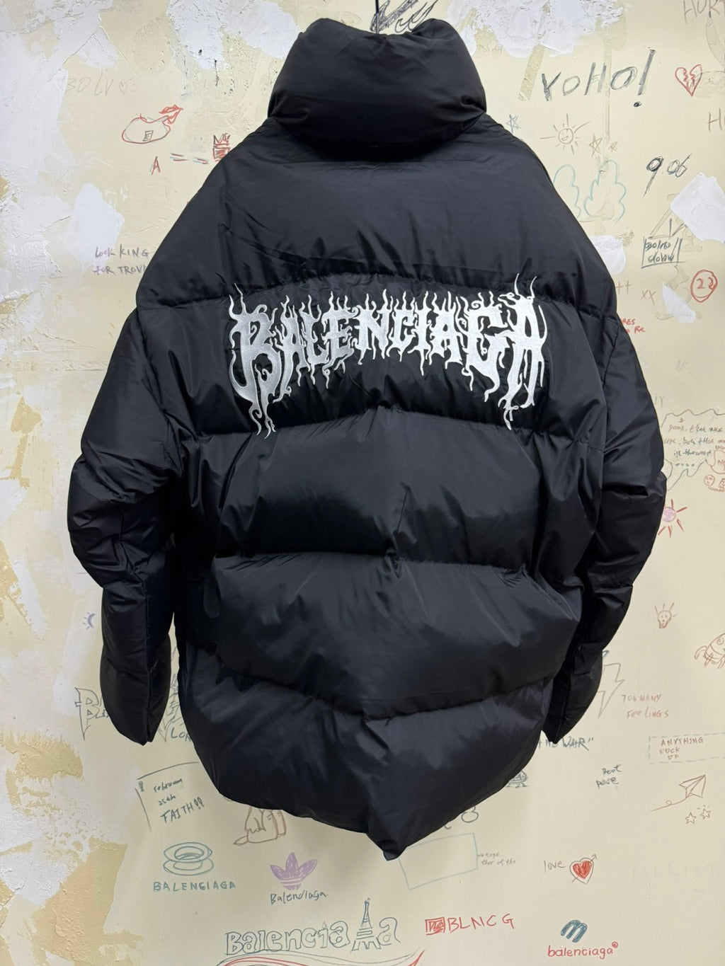 Balenciaga Men's Winter Flame Letter Logo Print Black Nylon Fabric Long Sleeve Puffer Down Jacket #73718
