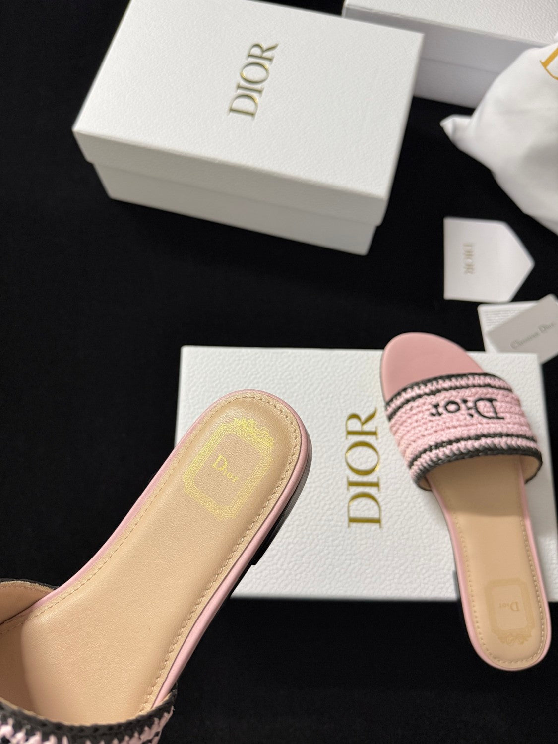 DIOR Dioriviera Dior Woven Slide Soupir Pink Crocheted Raffia-Effect Technical Fabric #387794