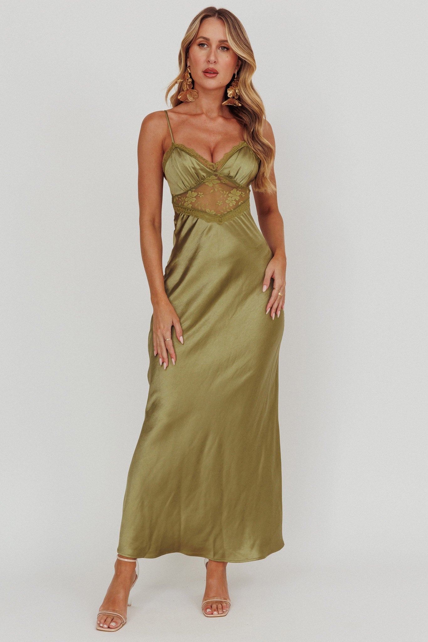 Her theory Lace Trim Maxi Dress Olive