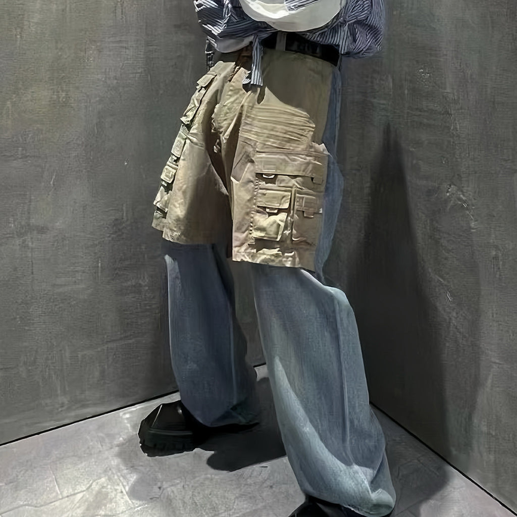 Balenciaga Men's Blue Spring & Fall Multi-Pocket Workwear Patchwork Fake Two Piece Straight Leg Denim Pants Ngvp #7786