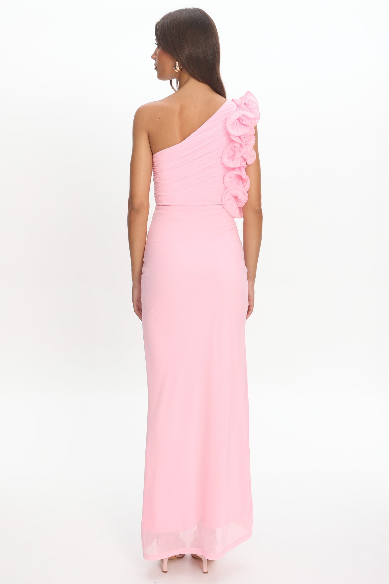Deanna One-Shoulder Split Ruffle Maxi Dress Baby Pink