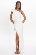 Deanna One-Shoulder Split Ruffle Maxi Dress Off White