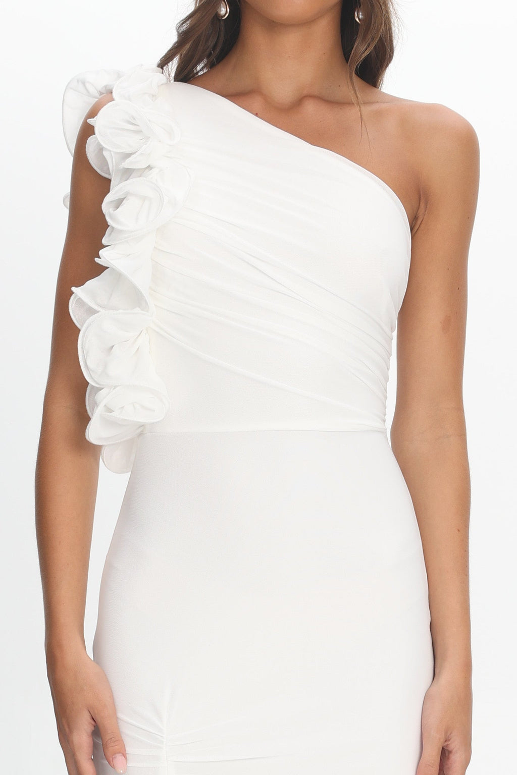 Deanna One-Shoulder Split Ruffle Maxi Dress Off White