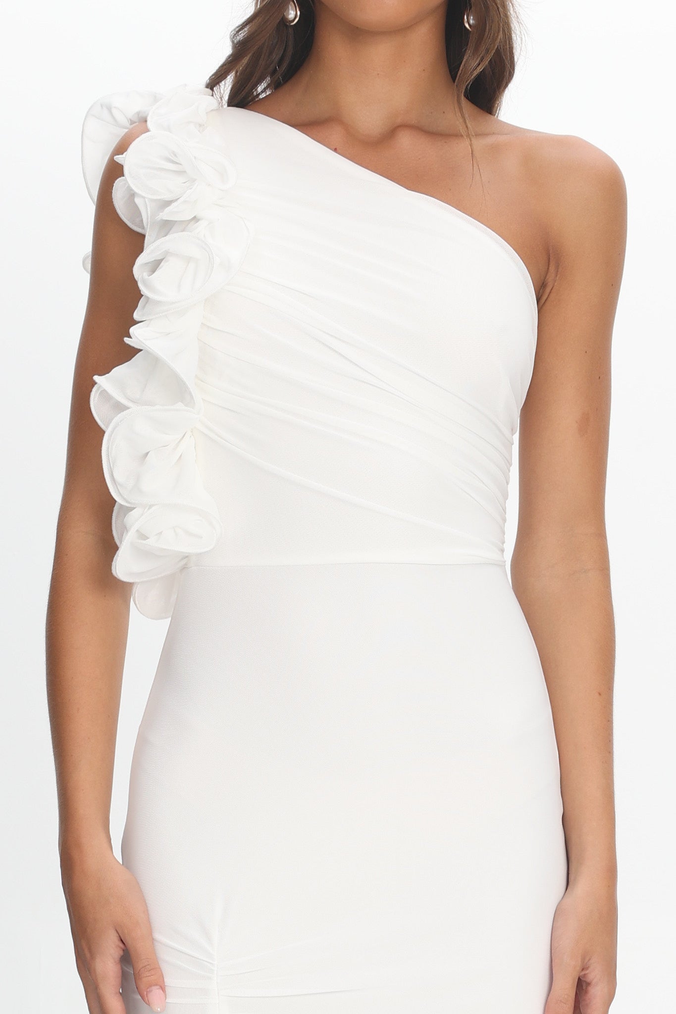 Deanna One-Shoulder Split Ruffle Maxi Dress Off White