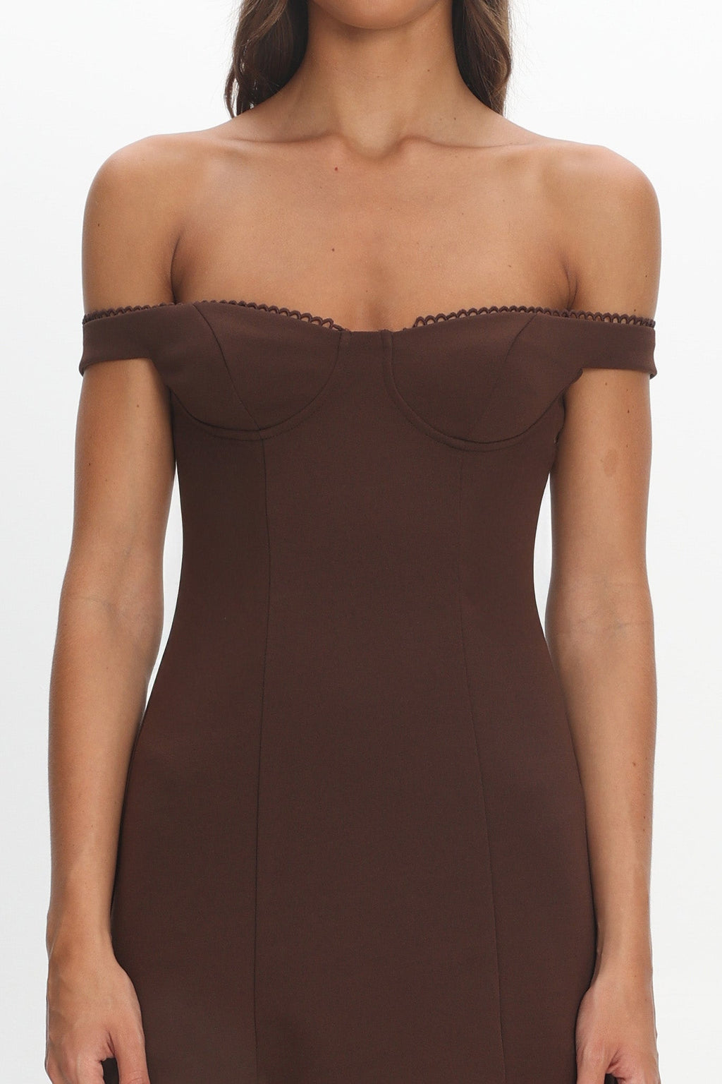 Opulent Off-Shoulder Sheer Hem Maxi Dress Chocolate