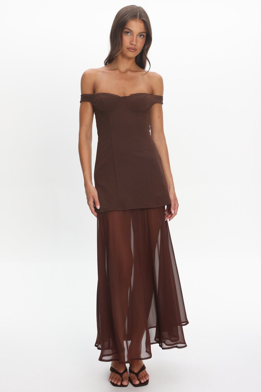 Opulent Off-Shoulder Sheer Hem Maxi Dress Chocolate
