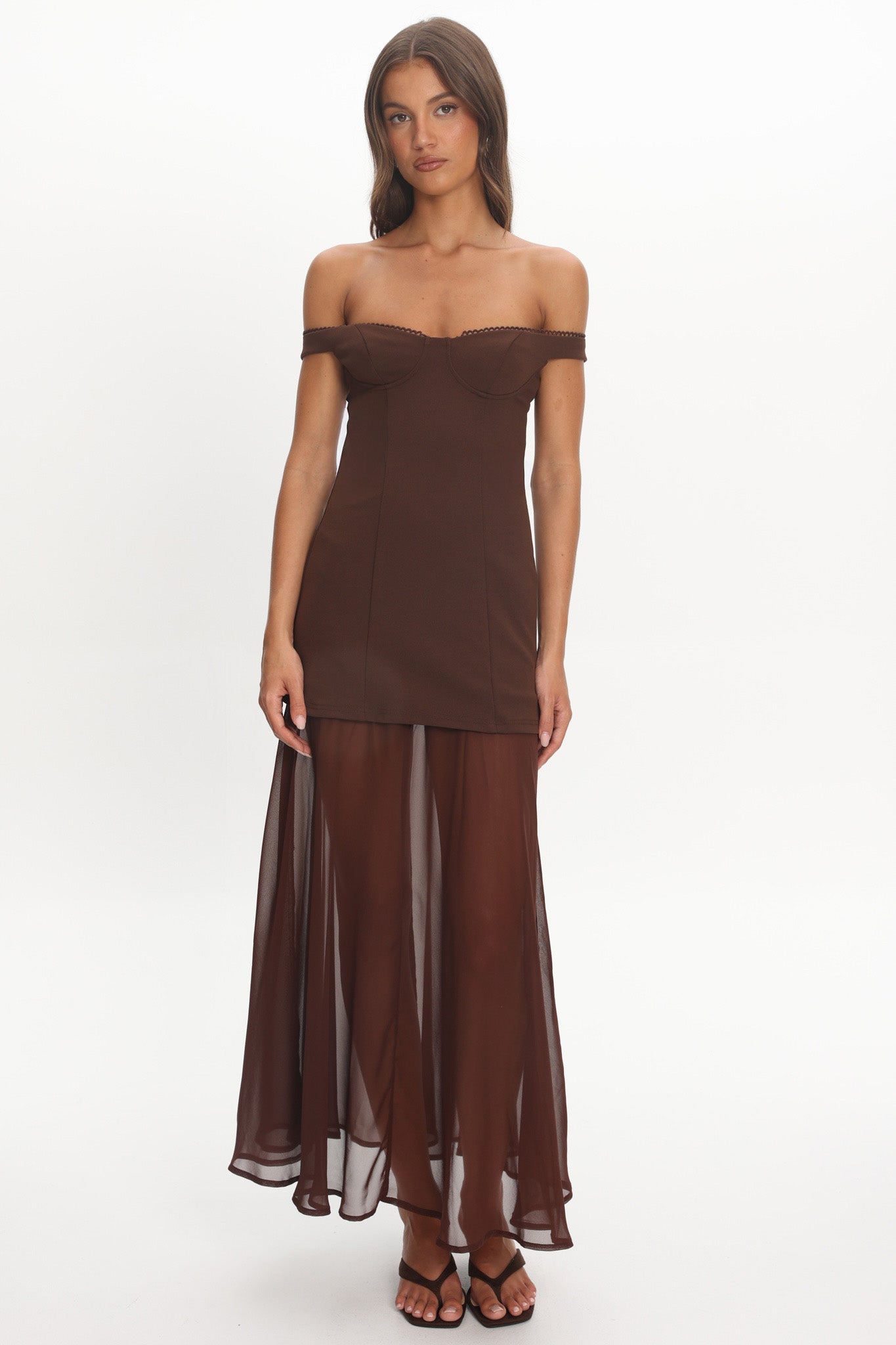 Opulent Off-Shoulder Sheer Hem Maxi Dress Chocolate