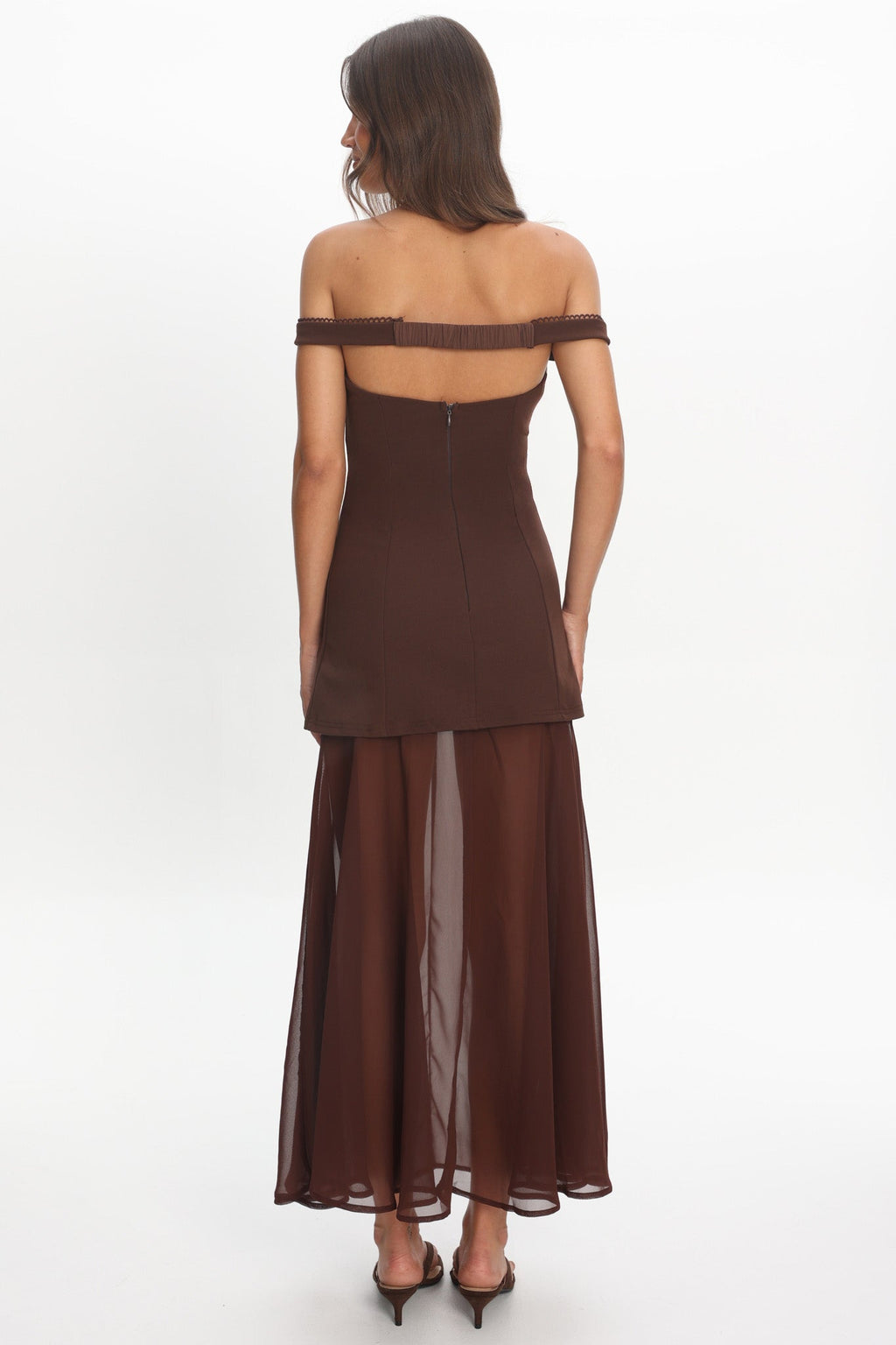 Opulent Off-Shoulder Sheer Hem Maxi Dress Chocolate