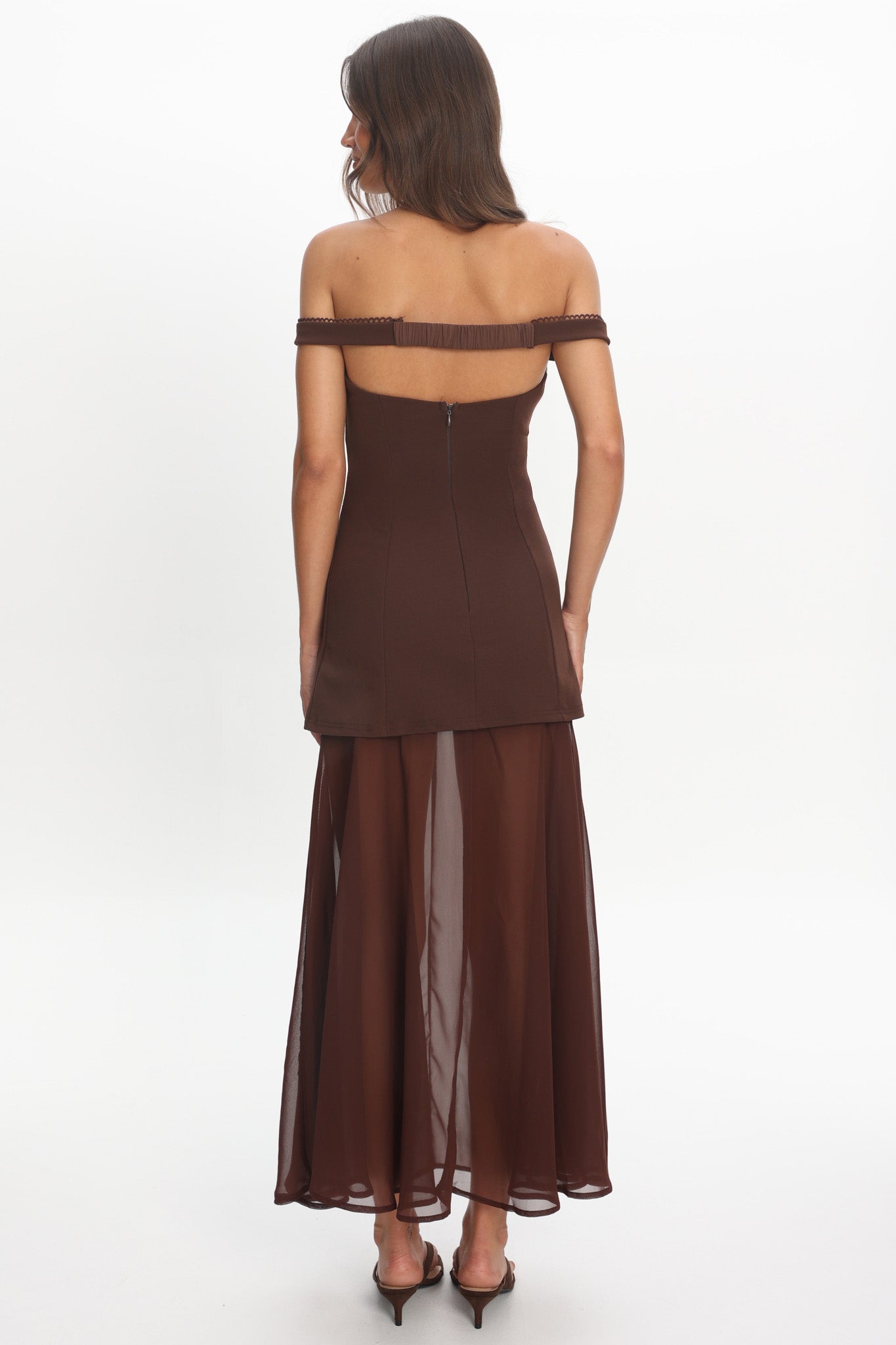 Opulent Off-Shoulder Sheer Hem Maxi Dress Chocolate