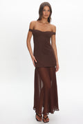 Opulent Off-Shoulder Sheer Hem Maxi Dress Chocolate